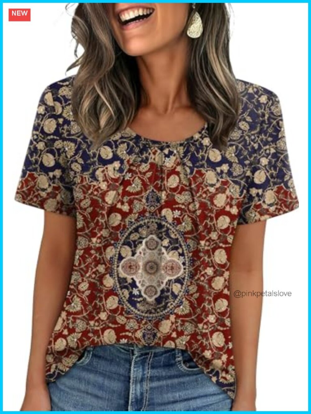Pleated Short Sleeve T-Shirt Business Casual Blouse Loose Scoop Neck